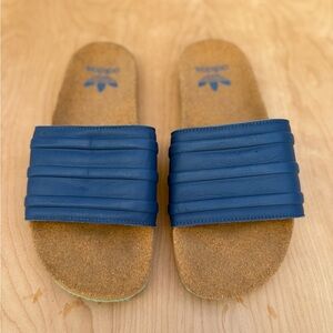 Adidas Blue Slides with Tan Sole